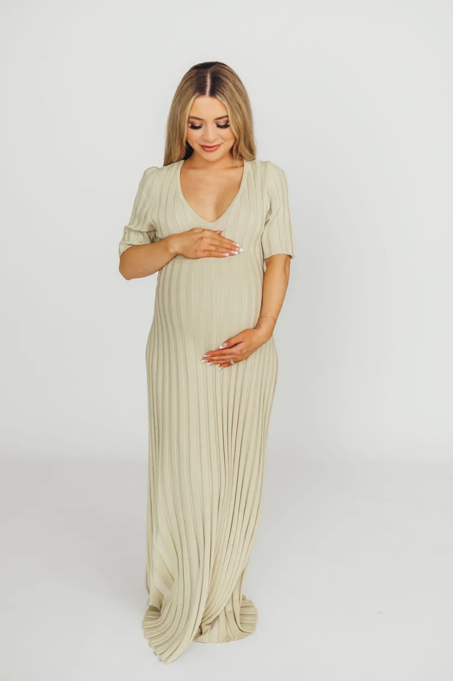 New Worth Collective Oakley Ribbed Maxi Dress in Dusty Lime - Bump Friendly
