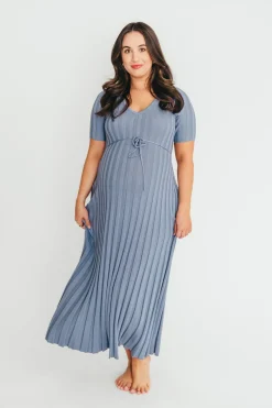 Hot Worth Collective Oakley Ribbed Maxi Dress in Dusty Blue - Bump Friendly
