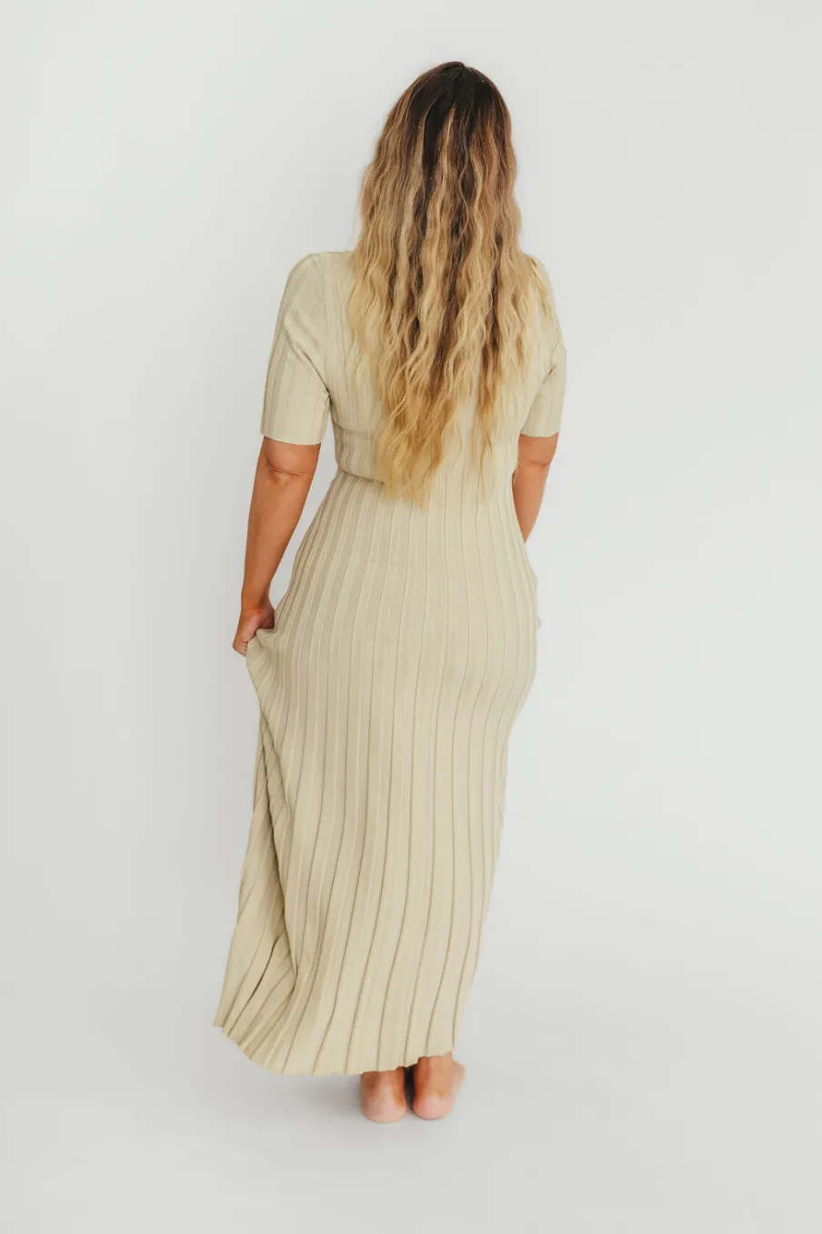 New Worth Collective Oakley Ribbed Maxi Dress in Dusty Lime - Bump Friendly