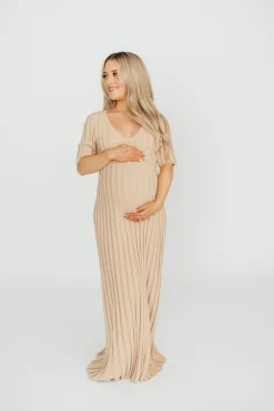 Online Worth Collective Oakley Ribbed Maxi Dress in Taupe - Bump Friendly
