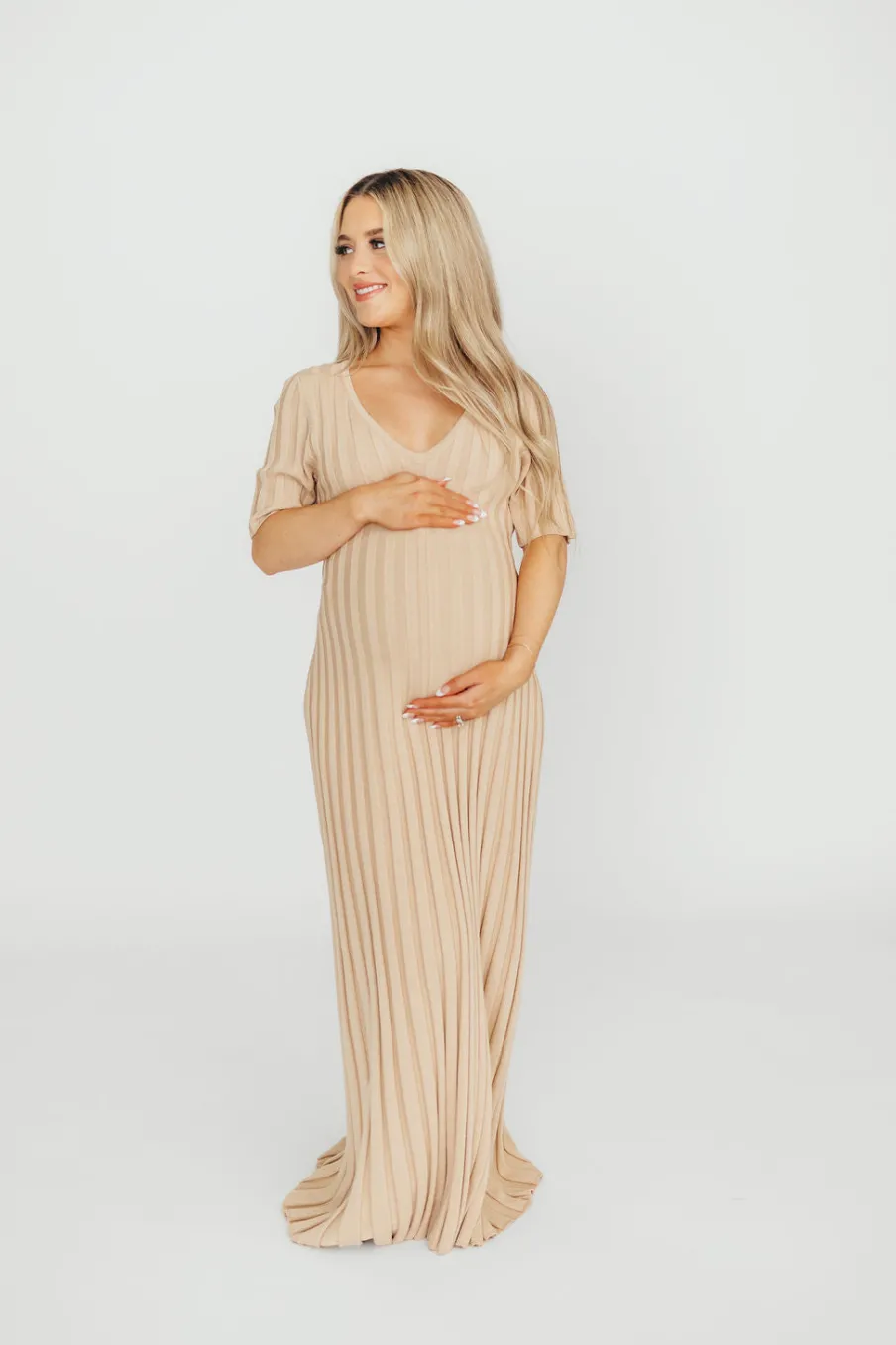 Online Worth Collective Oakley Ribbed Maxi Dress in Taupe - Bump Friendly