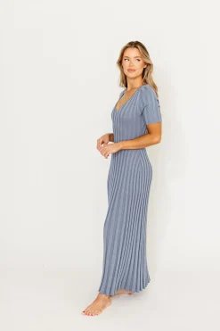 Hot Worth Collective Oakley Ribbed Maxi Dress in Dusty Blue - Bump Friendly
