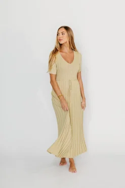 New Worth Collective Oakley Ribbed Maxi Dress in Dusty Lime - Bump Friendly