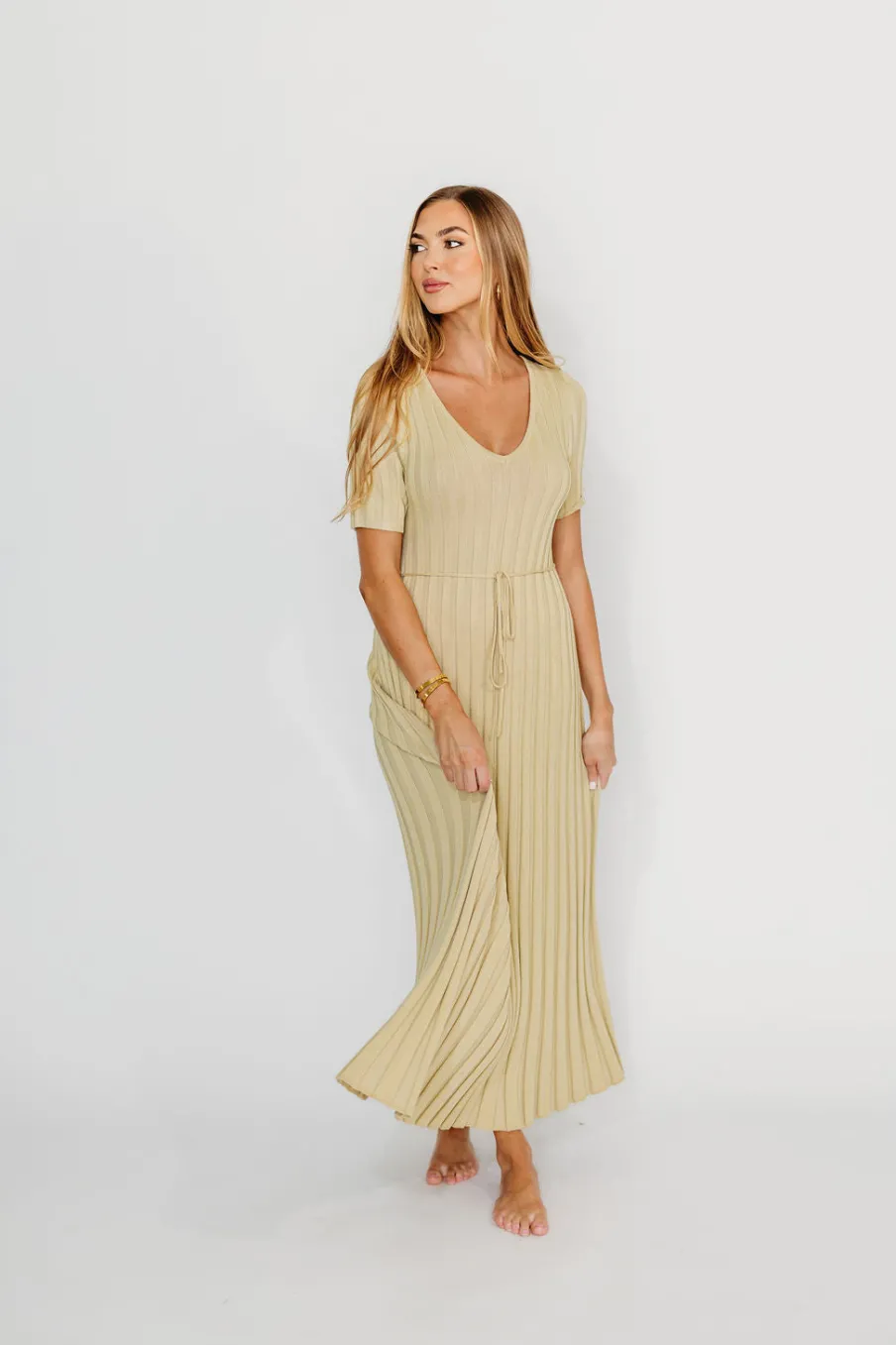 New Worth Collective Oakley Ribbed Maxi Dress in Dusty Lime - Bump Friendly