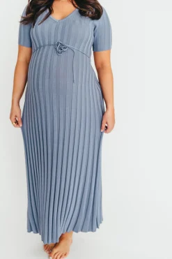 Hot Worth Collective Oakley Ribbed Maxi Dress in Dusty Blue - Bump Friendly