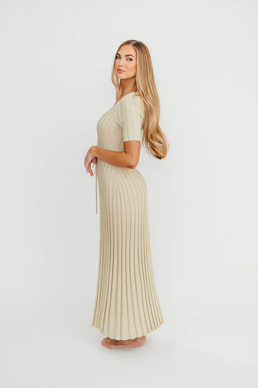 New Worth Collective Oakley Ribbed Maxi Dress in Dusty Lime - Bump Friendly