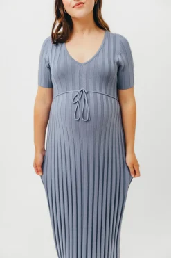 Hot Worth Collective Oakley Ribbed Maxi Dress in Dusty Blue - Bump Friendly