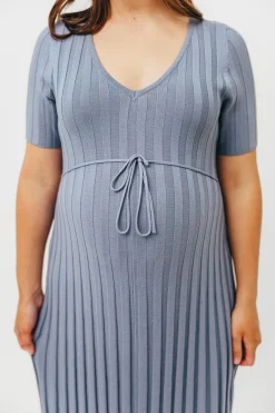 Hot Worth Collective Oakley Ribbed Maxi Dress in Dusty Blue - Bump Friendly