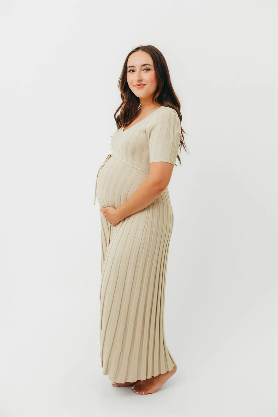 New Worth Collective Oakley Ribbed Maxi Dress in Dusty Lime - Bump Friendly