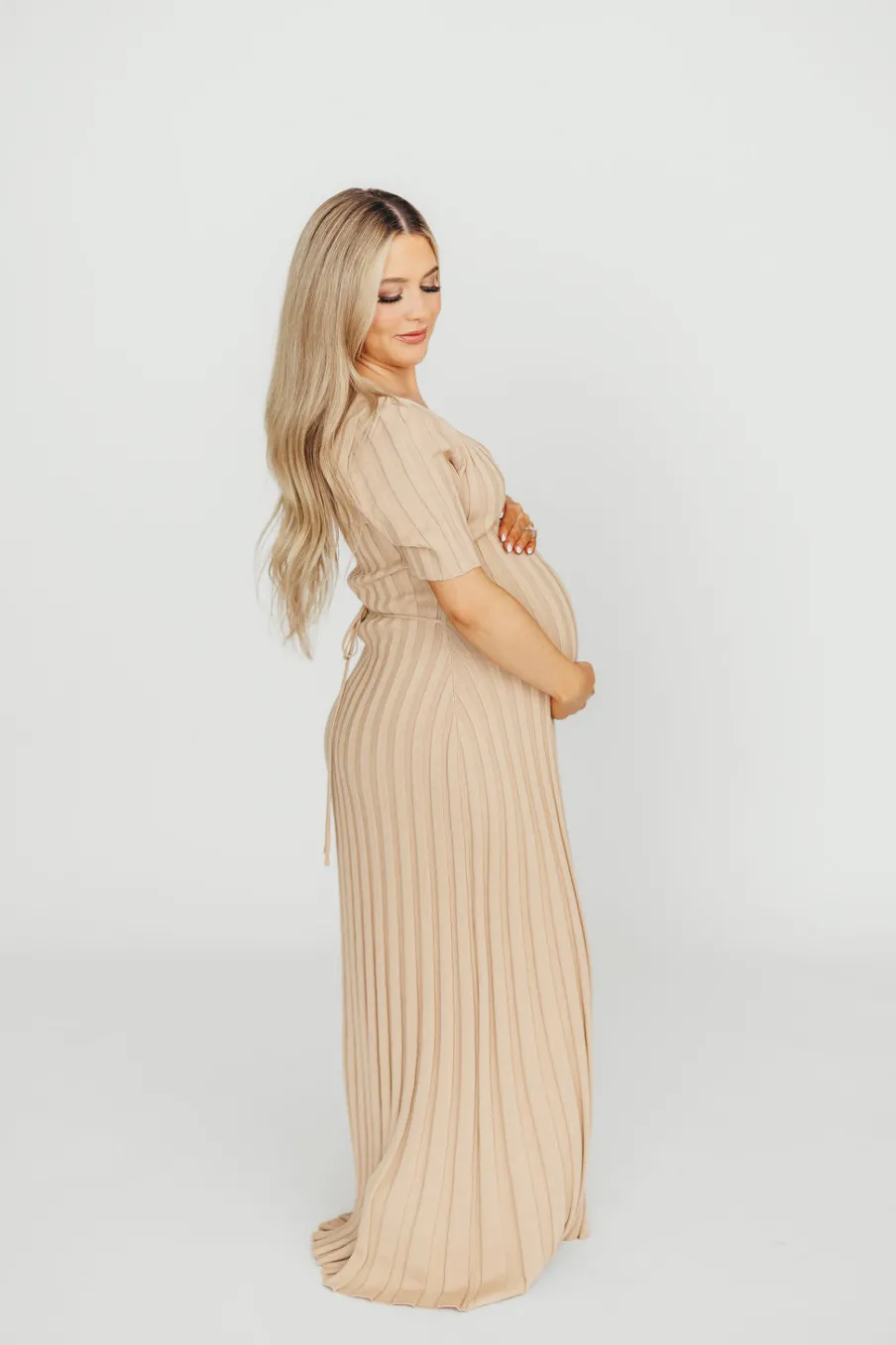 Online Worth Collective Oakley Ribbed Maxi Dress in Taupe - Bump Friendly