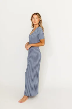 Hot Worth Collective Oakley Ribbed Maxi Dress in Dusty Blue - Bump Friendly