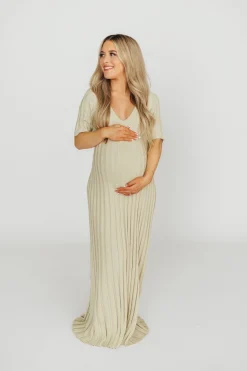 New Worth Collective Oakley Ribbed Maxi Dress in Dusty Lime - Bump Friendly