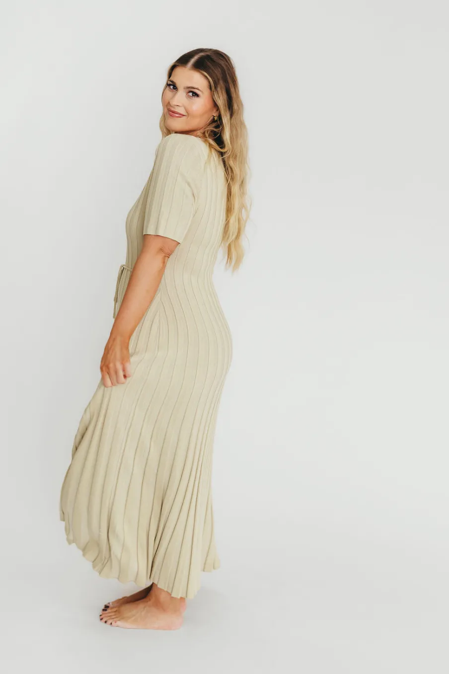 New Worth Collective Oakley Ribbed Maxi Dress in Dusty Lime - Bump Friendly