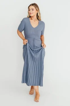 Hot Worth Collective Oakley Ribbed Maxi Dress in Dusty Blue - Bump Friendly