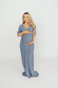Hot Worth Collective Oakley Ribbed Maxi Dress in Dusty Blue - Bump Friendly
