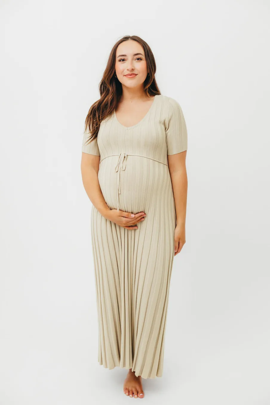 New Worth Collective Oakley Ribbed Maxi Dress in Dusty Lime - Bump Friendly