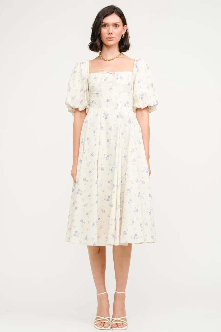 Outlet Worth Collective Olivia 100% Cotton Floral Printed Midi Dress in Ivory
