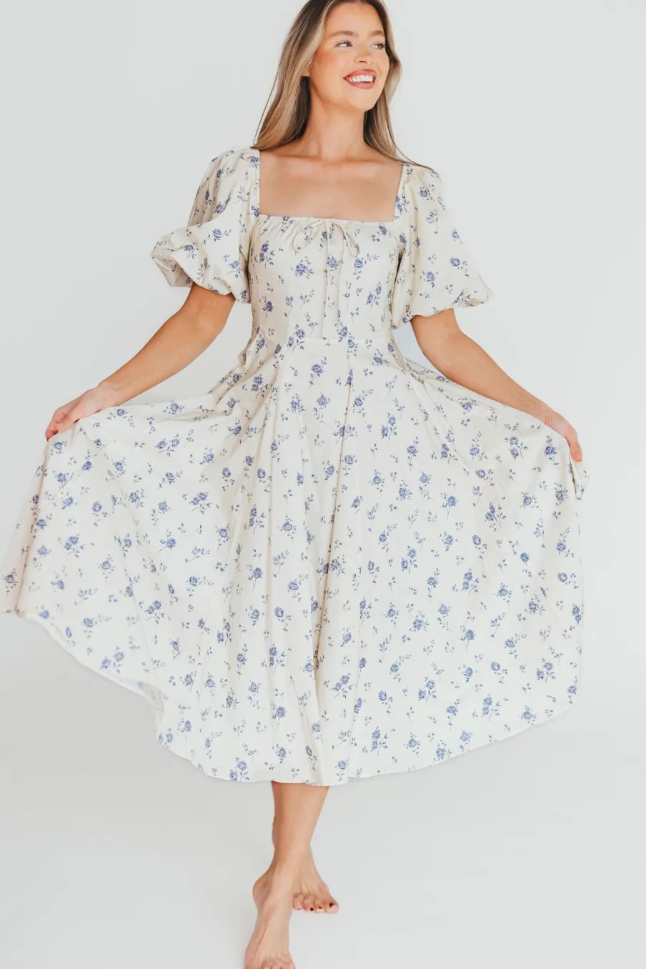 Outlet Worth Collective Olivia 100% Cotton Floral Printed Midi Dress in Ivory