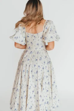 Outlet Worth Collective Olivia 100% Cotton Floral Printed Midi Dress in Ivory