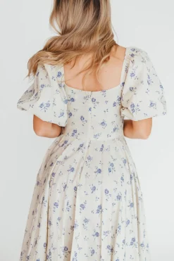 Outlet Worth Collective Olivia 100% Cotton Floral Printed Midi Dress in Ivory