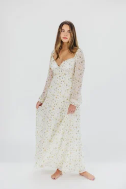 Online Worth Collective Parker Smocked Maxi Dress with Puffed Sleeves in Ivory/Yellow - Bump F