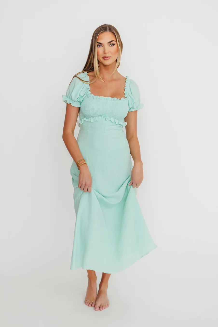 Fashion Worth Collective Penny Puff Sleeve Ruffle Midi Dress in Mint