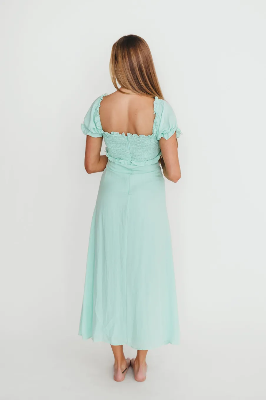 Fashion Worth Collective Penny Puff Sleeve Ruffle Midi Dress in Mint