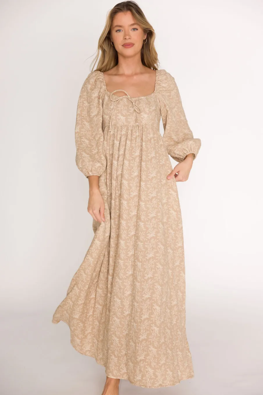 Online Worth Collective Peyton 100% Cotton Maxi Dress in Mocha Floral - Bump Friendly (XS-XL)