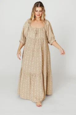 Online Worth Collective Peyton 100% Cotton Maxi Dress in Mocha Floral - Bump Friendly (XS-XL)