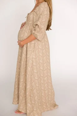 Online Worth Collective Peyton 100% Cotton Maxi Dress in Mocha Floral - Bump Friendly (XS-XL)