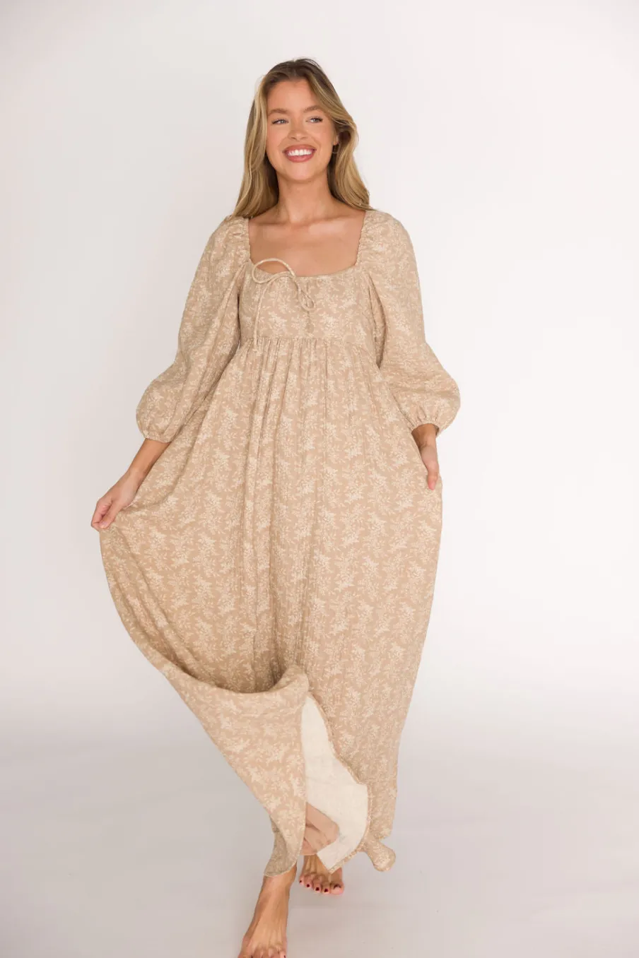 Online Worth Collective Peyton 100% Cotton Maxi Dress in Mocha Floral - Bump Friendly (XS-XL)