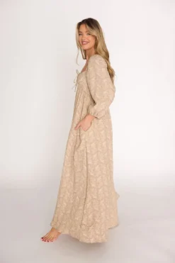 Online Worth Collective Peyton 100% Cotton Maxi Dress in Mocha Floral - Bump Friendly (XS-XL)