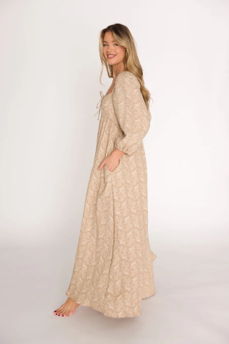 Online Worth Collective Peyton 100% Cotton Maxi Dress in Mocha Floral - Bump Friendly (XS-XL)