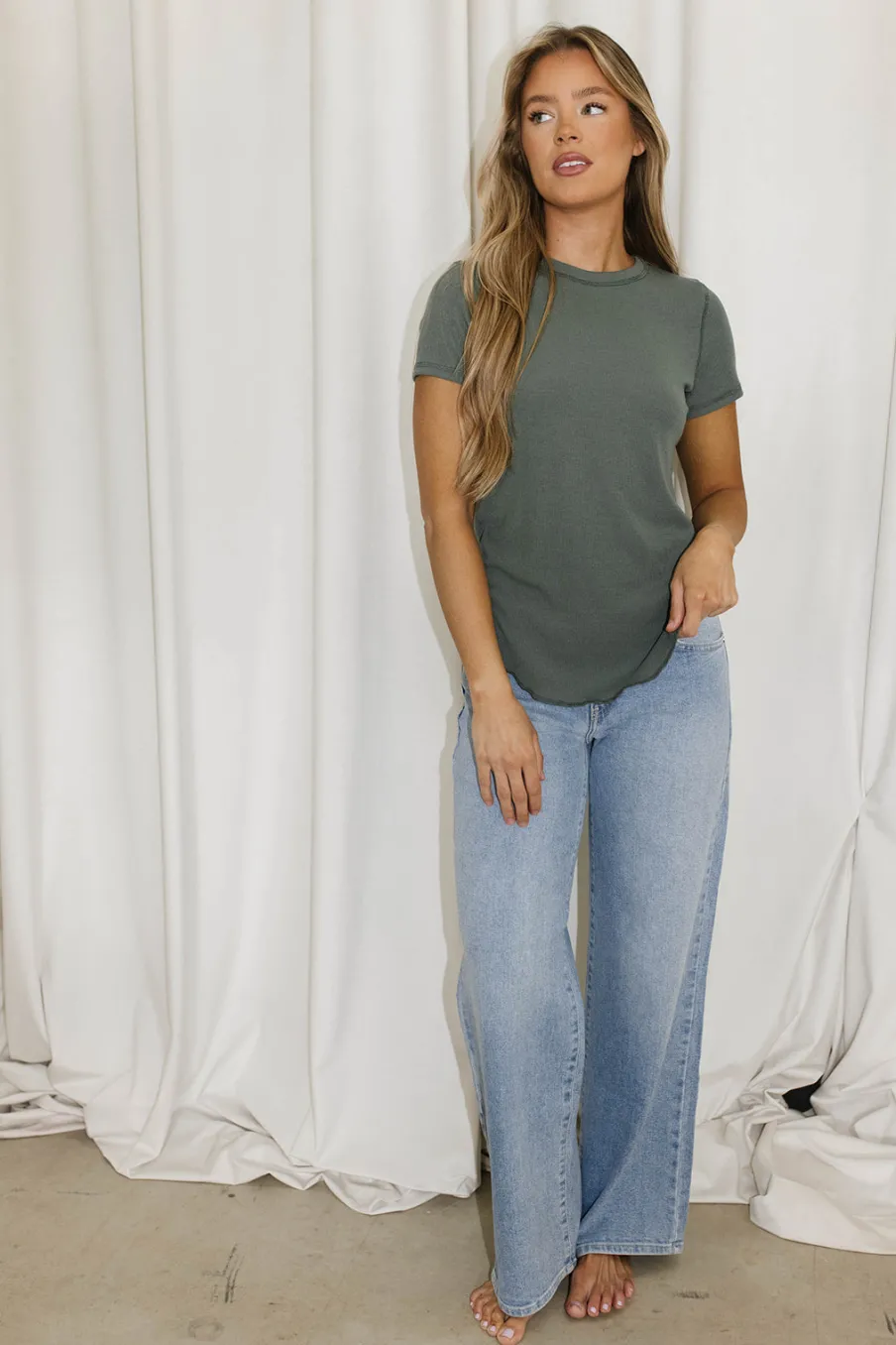 Outlet Worth Collective Phoenix Ribbed Knit Tee in Teal Green