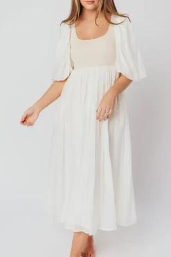 Best Worth Collective Raina Combination Midi Dress with Puff Sleeves in Natural - Bump Frien