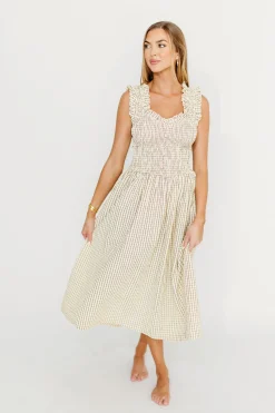 Outlet Worth Collective Ramona Plaid Smocked Midi Dress in Cream