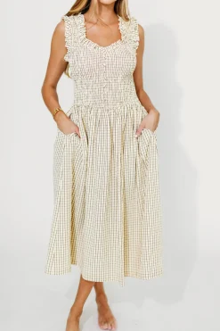 Outlet Worth Collective Ramona Plaid Smocked Midi Dress in Cream
