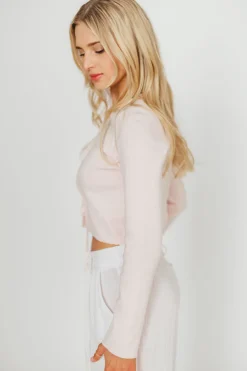 New Worth Collective Rebecca Tie Front Cardigan with Scallop Hem in Baby Pink