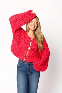 New Worth Collective Reina Chunky Knit Cardigan in Red