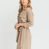 New Worth Collective Rhea Belted Maxi Shirt Dress in Stone