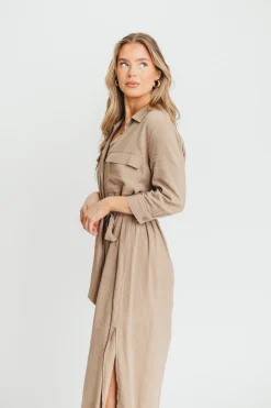 New Worth Collective Rhea Belted Maxi Shirt Dress in Stone