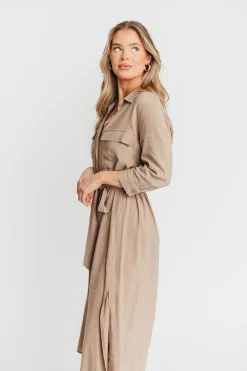 New Worth Collective Rhea Belted Maxi Shirt Dress in Stone