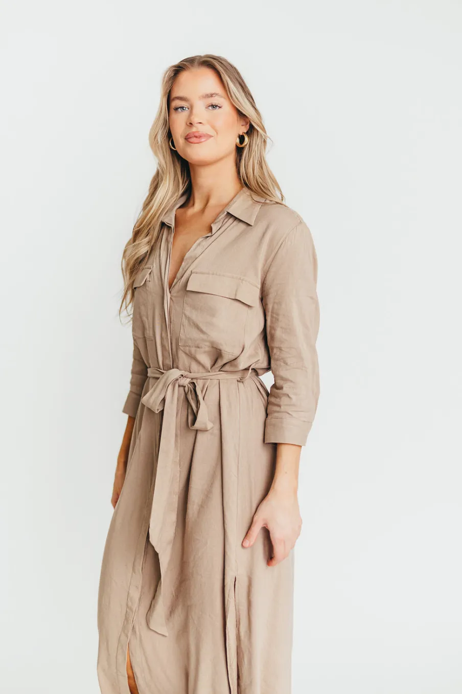 New Worth Collective Rhea Belted Maxi Shirt Dress in Stone