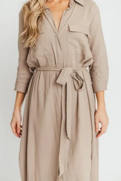 New Worth Collective Rhea Belted Maxi Shirt Dress in Stone