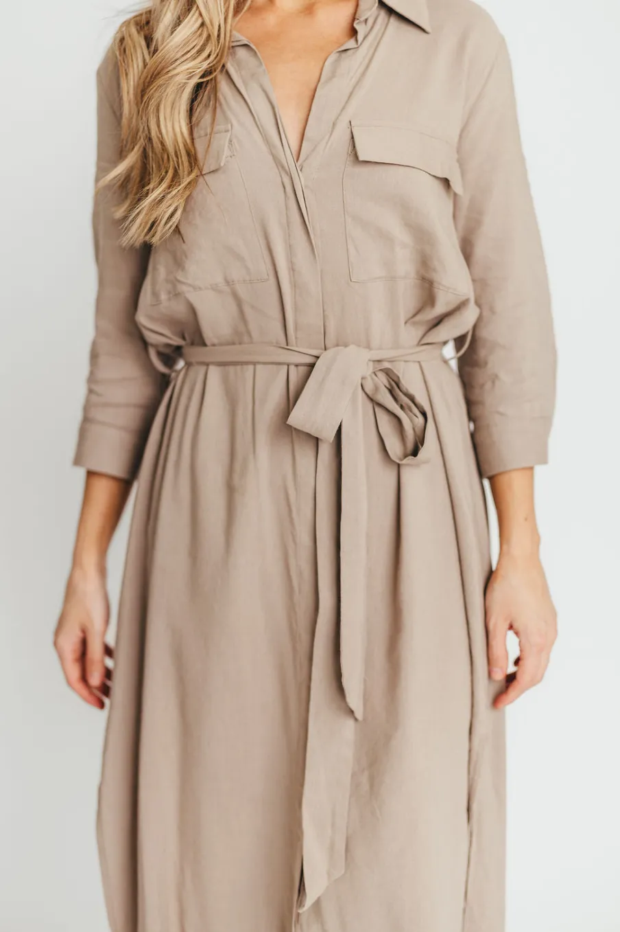 New Worth Collective Rhea Belted Maxi Shirt Dress in Stone
