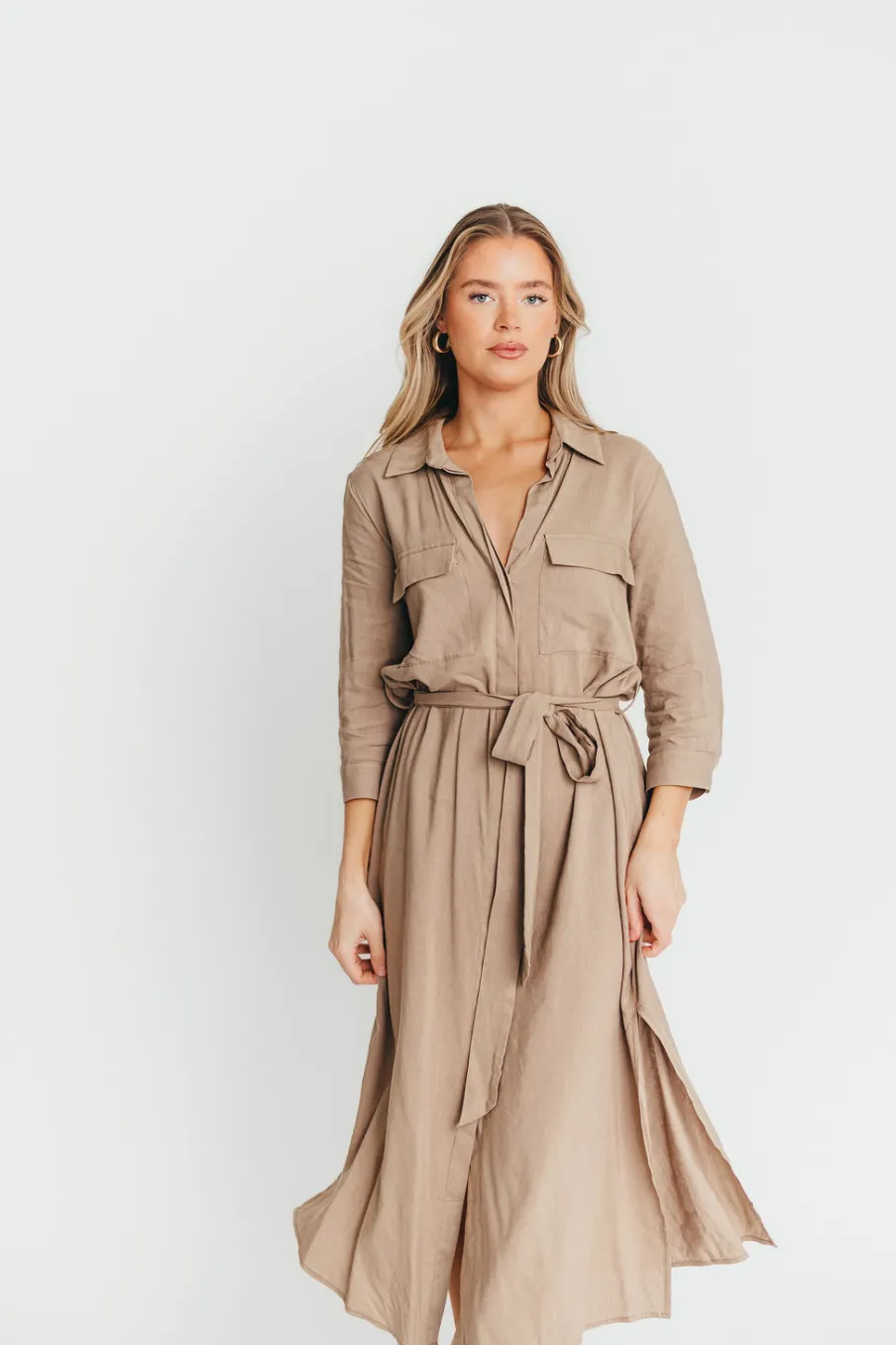 New Worth Collective Rhea Belted Maxi Shirt Dress in Stone