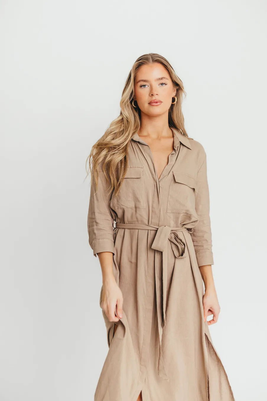 New Worth Collective Rhea Belted Maxi Shirt Dress in Stone