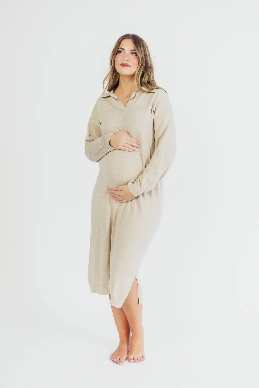 Sale Worth Collective Riley Lightweight Long Sleeve Maxi Dress in Natural - Bump Friendly