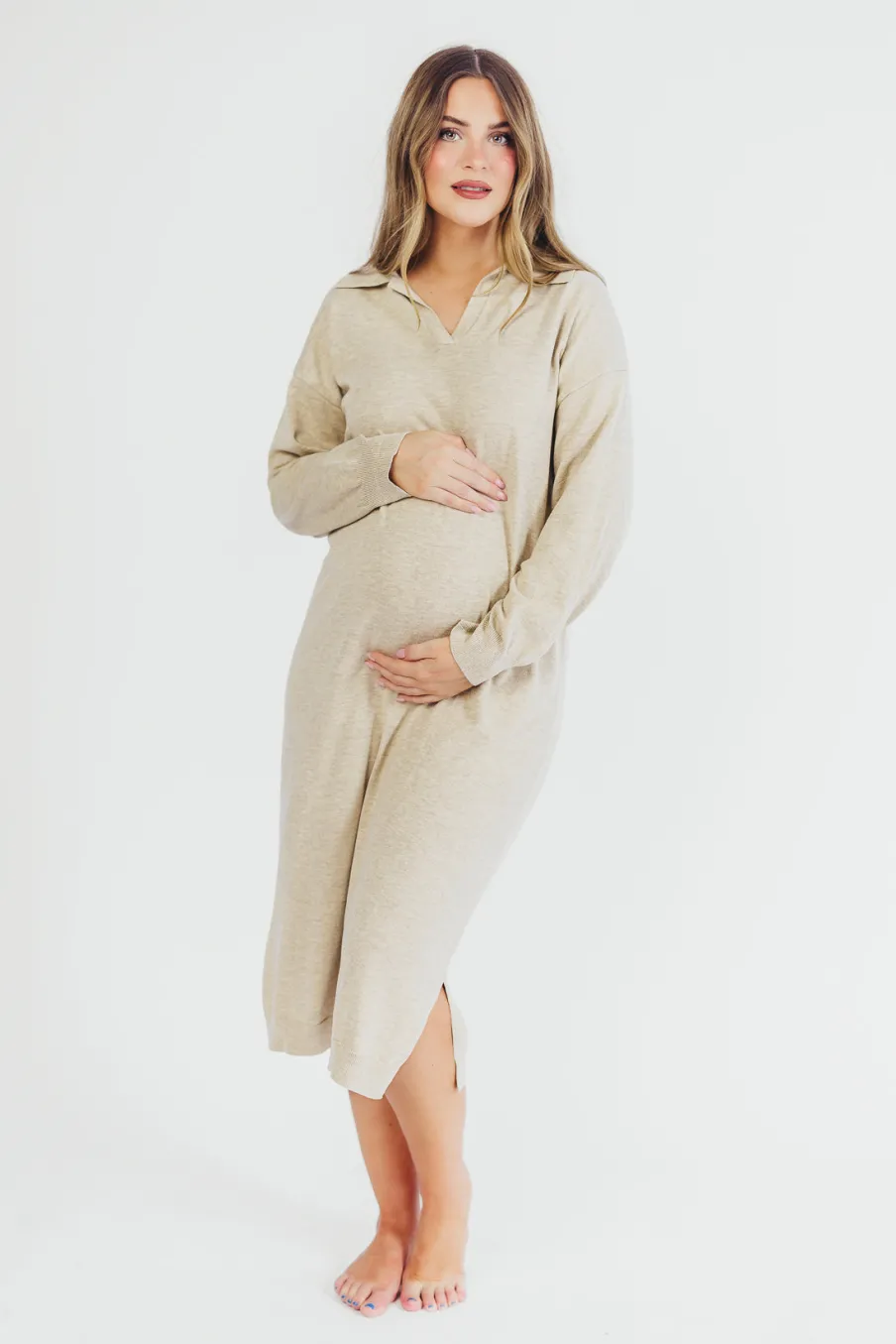 Sale Worth Collective Riley Lightweight Long Sleeve Maxi Dress in Natural - Bump Friendly