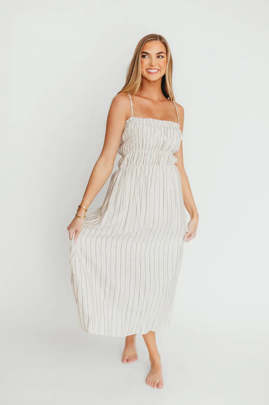 New Worth Collective Riley Striped Linen Midi Dress in Ivory